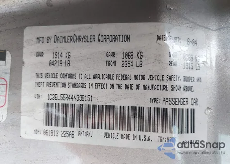 2004 Chrysler Sebring Lxi z USA, uszkodzony, nr VIN 1C3EL55R44N398151